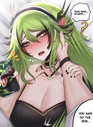 Rule 34 | 1girl, absurdres, black choker, black dress, black hairband, black nails, blush, breasts, can, choker, cleavage, collarbone, dress, drink can, english text, gem, grabbing another&#039;s arm, green eyes, green gemstone, green hair, hair between eyes, hairband, hand in another&#039;s hair, hand on another&#039;s shoulder, heart, heart-shaped pupils, highres, jewelry, large breasts, long hair, mikuneki, mountain dew, necklace, open mouth, original, saliva, soda can, solo, speech bubble, symbol-shaped pupils, upper body