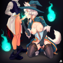 Rule 34 | animal ears, bad id, bad pixiv id, breasts, breasts out, clothes pull, erection, fellatio, female masturbation, fire, fur trim, glasses, gloves, gluteal fold, green eyes, hands on own hips, hat, highres, kneeling, masturbation, nipples, oral, original, pants, pants pull, penis, ponpu (pumpkinsinclair), scale, scales, short hair, spread legs, tail, tattoo, testicles, thighhighs, uncensored, white hair, witch hat