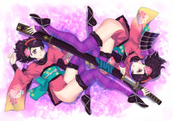 Rule 34 | 2girls, armor, black hair, blush, brown eyes, clone, comb, dual persona, floral print, flower, from above, gauntlets, hair flower, hair ornament, holding, holding sword, holding weapon, japanese clothes, katana, kimono, lying, momohime, multiple girls, obi, oboro muramasa, on back, on side, open mouth, parted lips, ponytail, purple thighhighs, rotational symmetry, sandals, sash, sheath, shiitake urimo, short kimono, striped clothes, striped legwear, striped thighhighs, sword, thighhighs, unsheathing, vanillaware, weapon