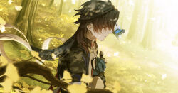 Rule 34 | 1boy, black hair, blade (honkai: star rail), bug, butterfly, butterfly on nose, chinese clothes, closed mouth, earrings, falling leaves, floating hair, from side, ginkgo leaf, gradient hair, highres, honkai: star rail, honkai (series), insect, jewelry, leaf, long hair, long sleeves, male focus, multicolored hair, red eyes, solo, zassyoku dd