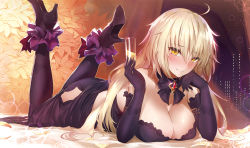 Rule 34 | 1girl, ahoge, bare shoulders, blonde hair, blush, boots, bow, breasts, champagne flute, cleavage, closed mouth, cup, dress, drinking glass, elbow gloves, fate/grand order, fate (series), frills, glass, glint, gloves, hair between eyes, hand on own cheek, hand on own face, high heels, highres, hip focus, hip vent, holding, holding cup, holding drinking glass, indoors, jeanne d&#039;arc (fate), jeanne d&#039;arc alter (avenger) (fate), jeanne d&#039;arc alter (fate), jeanne d&#039;arc alter (holy night supper) (fate), jewelry, large breasts, legs up, long hair, looking at viewer, lying, neck ribbon, night, non-web source, nose blush, on bed, on stomach, pendant, purple dress, purple gloves, purple thighhighs, ribbon, sky, smile, solo, sparkle, the pose, thigh boots, thighhighs, window, yaman, yellow eyes