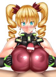 Rule 34 | 10s, 1girl, bar censor, blonde hair, breasts, breasts squeezed together, censored, claire harvey, covered erect nipples, gacha, highres, huge breasts, hundred (light novel), impossible clothes, paizuri, penis, twintails