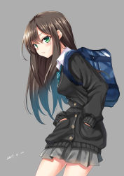 Rule 34 | 1girl, absurdres, bag, black sweater, brown hair, cardigan, carrying, closed mouth, commentary, cowboy shot, dated, diagonal-striped clothes, diagonal-striped necktie, diagonal-striped neckwear, dress shirt, from side, frown, green eyes, grey skirt, hands in pockets, highres, idolmaster, idolmaster cinderella girls, joker (tomakin524), leaning forward, long hair, looking at viewer, loose necktie, miniskirt, necktie, pleated skirt, school bag, school uniform, shibuya rin, shirt, simple background, skirt, solo, standing, striped clothes, striped necktie, striped neckwear, sweater, white shirt, wing collar