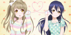 Rule 34 | 10s, 2girls, blue hair, bow, brown hair, hair bow, heart, long hair, love live!, love live! school idol project, minami kotori, multiple girls, open mouth, polka dot, polka dot background, senananana a, side ponytail, smile, sonoda umi, string phone, striped clothes, striped sweater, sweater, yellow eyes