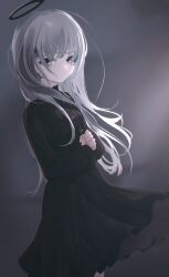 Rule 34 | 1girl, absurdres, black dress, closed mouth, cross, cross necklace, dress, grey background, grey eyes, grey hair, halo, highres, jewelry, long hair, long sleeves, looking at viewer, migihidari (puwako), necklace, original, own hands together, solo