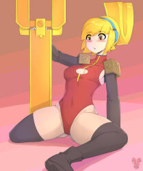 Rule 34 | 1girl, blonde hair, blush, boots, brown eyes, cameltoe, female focus, highres, leotard, on ground, roadiesky, robin (the iconoclasts), sitting, spread legs, the iconoclasts, thighhighs, wrench
