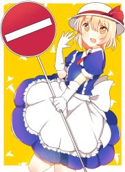 Rule 34 | 1girl, apron, back bow, blonde hair, blue dress, blush, bow, cloud, dress, frilled apron, frills, gloves, grass, happy, hat, hat bow, highres, holding, holding sign, kana anaberal, looking at viewer, puffy short sleeves, puffy sleeves, road sign, short sleeves, sign, touhou, touhou (pc-98), waist apron, white apron, zerokosan