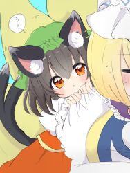 Rule 34 | 2girls, :o, animal ear fluff, animal ears, blonde hair, blush, breasts, brown eyes, brown hair, cat ears, cat tail, chen, closed eyes, commentary request, dress, forked tail, fox tail, frills, grabbing another&#039;s shoulder, green headwear, hair between eyes, hat, highres, large breasts, looking at viewer, medium hair, mob cap, multiple girls, multiple tails, nekomata, ol07469724, open mouth, red dress, solo focus, sweat, tail, touhou, upper body, yakumo ran