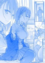 Rule 34 | ai-chan (tawawa), blue theme, braid, breasts, cellphone, coat, comic, formal, getsuyoubi no tawawa, himura kiseki, large breasts, looking back, monochrome, necktie, news, off shoulder, open clothes, open coat, original, pantyhose, phone, pleated skirt, school uniform, short hair, silent comic, sitting, skirt, smartphone, smile, suit, sweater, talking on phone, television, wet, wet hair