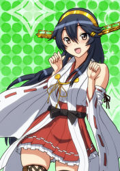 Rule 34 | 10s, 1girl, :d, bare shoulders, black hair, blush, boots, brown eyes, detached sleeves, hair ornament, hairband, hairclip, haruna (kancolle), headgear, japanese clothes, kantai collection, kezune (i- -i), long hair, looking at viewer, nontraditional miko, open mouth, polka dot, polka dot background, skirt, smile, solo, thigh boots, thighhighs, zettai ryouiki