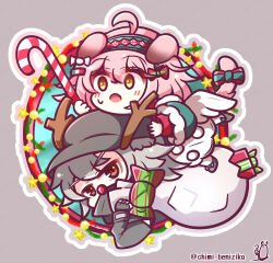 Rule 34 | 1boy, 1girl, :o, ahoge, animal ears, antlers, arknights, benizika, blush, bow, box, brown eyes, cabbie hat, candy, candy cane, cat ears, cat girl, cat tail, chibi, christmas, commentary request, fake antlers, fingerless gloves, food, gift, gift box, gloves, goldenglow (arknights), goldenglow (maiden for the bright night) (arknights), green hairband, grey background, grey gloves, grey hair, grey headwear, grey jacket, grey outline, hair between eyes, hairband, hat, highres, holding, holding sack, horns, jacket, open mouth, orange eyes, outline, pink hair, red (npc) (arknights), red nose, reindeer antlers, sack, signature, striped, striped bow, tail, tail bow, tail ornament, twitter username, white outline