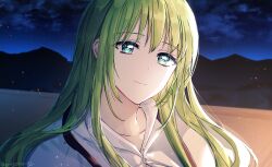 Rule 34 | 1other, androgynous, artist name, closed mouth, cloud, collarbone, commentary, ede, enkidu (fate), eyelashes, fate/grand order, fate (series), green eyes, green hair, head tilt, highres, lake, long hair, looking at viewer, mountain, night, night sky, other focus, outdoors, shirt, sidelocks, silhouette, sky, smile, solo, star (sky), starry sky, twitter username, upper body, water, white shirt
