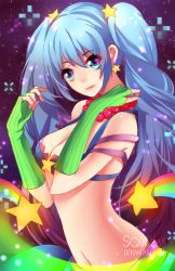 Rule 34 | 1girl, arcade sona, artist name, beads, blue eyes, blue hair, breasts, cleavage, earrings, fingerless gloves, gloves, green gloves, highres, jewelry, league of legends, light smile, lips, looking at viewer, matching hair/eyes, midriff, navel, necklace, sky, solo, sona (league of legends), squchan, star (sky), star (symbol), starry sky, twintails