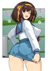 Rule 34 | 1girl, ;d, alternate breast size, ass, blue sailor collar, bow, breasts, brown eyes, brown hair, commentary request, condom, condom left inside, covered erect nipples, cowboy shot, cum, cumdrip, from behind, hair bow, hairband, haruhisky, highres, kita high school uniform, large breasts, long sleeves, looking at viewer, looking back, medium hair, miniskirt, no panties, one eye closed, open mouth, orange bow, orange hairband, puffy nipples, red ribbon, ribbon, sailor collar, school uniform, serafuku, shirt, shirt tucked in, skirt, skirt tug, sleeve cuffs, smile, solo, standing, suzumiya haruhi, suzumiya haruhi no yuuutsu, thighs, used condom, v-shaped eyebrows, white shirt