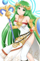 Rule 34 | 1girl, bare shoulders, breasts, choker, cleavage, green eyes, green hair, highres, jewelry, kid icarus, long hair, looking at viewer, lots of jewelry, matching hair/eyes, neck ring, nintendo, palutena, shield, smile, solo, staff, thighhighs, tsunaso (lack of sunlight), very long hair, white thighhighs