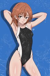 Rule 34 | 1girl, 2023, 20s, arms behind head, bare hips, bare legs, bare shoulders, blue background, blush, breasts, brown eyes, brown hair, collarbone, competition swimsuit, gluteal fold, highres, looking at viewer, matching hair/eyes, misaka mikoto, nashdnash2007, one-piece swimsuit, school swimsuit, short hair, small breasts, smile, solo, standing, swimsuit, thick thighs, thighs, toaru kagaku no railgun, toaru majutsu no index, tokiwadai school swimsuit, water, wet