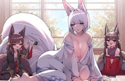 Rule 34 | 3girls, :d, ;o, absurdres, akagi-chan (azur lane), all fours, amagi-chan (azur lane), animal ears, azur lane, bare shoulders, bell, bent over, between legs, black kimono, blue eyes, breasts, brown hair, cleavage, closed eyes, eyeshadow, facing viewer, floral print, fox ears, fox girl, fox tail, hair bell, hair ornament, hair ribbon, half-closed eye, half-closed eyes, hand between legs, happy, highres, indoors, japanese clothes, kaga (azur lane), kimono, kitsune, kneeling, large breasts, long hair, looking at another, looking back, makeup, medium hair, multiple girls, multiple tails, no bra, off shoulder, on floor, one eye closed, open mouth, playing, purple eyes, red eyeshadow, red kimono, ribbon, samip, sitting, sleepy, slit pupils, smile, tail, teeth, thighhighs, toy airplane, twintails, upper teeth only, v arms, very long hair, waking up, white hair, white kimono, white ribbon, wide sleeves