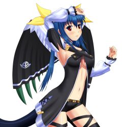 Rule 34 | 1girl, alternate costume, arc system works, asymmetrical wings, belt, blue hair, blush, breasts, cape, dizzy (guilty gear), covered erect nipples, guilty gear, hair ribbon, highres, long hair, looking at viewer, red eyes, ribbon, short shorts, shorts, tail, thigh strap, thighhighs, twintails, underboob, wings, wiz (shadow)