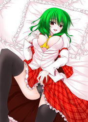 Rule 34 | 1girl, ascot, bed, between breasts, black panties, breasts, breasts apart, cameltoe, cleavage, clothes lift, covered erect nipples, female focus, frilled pillow, frills, green hair, hand on own chest, kazami yuuka, large breasts, lying, on back, open clothes, open shirt, panties, pillow, red eyes, shirt, short hair, skirt, skirt lift, solo, thighhighs, touhou, underwear, upskirt, utakata (kochou no yume)