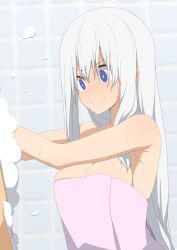 Rule 34 | &gt;:), 1girl, armpits, bad id, bad pixiv id, bare arms, bare shoulders, blue eyes, breasts, bright pupils, cleavage, closed mouth, medium breasts, naked towel, nervous smile, original, salpin, sidelocks, silver hair, smile, soap, solo focus, sweat, tile wall, tiles, towel, upper body, washing back