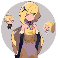 Rule 34 | 1boy, 2girls, :d, ahoge, bare shoulders, black gloves, black hoodie, black pants, blonde hair, blush stickers, brother and sister, chibi, chibi inset, closed mouth, commentary request, creatures (company), dress, ear piercing, elbow gloves, eyelashes, family, game freak, gladion (pokemon), gloves, green eyes, hair over one eye, highres, hood, hoodie, lillie (pokemon), long hair, lusamine (pokemon), lusamine (sygna suit) (pokemon), mother and daughter, mother and son, multiple girls, nintendo, official alternate costume, open mouth, own hands together, pants, parted lips, piercing, pleated skirt, pokemon, pokemon masters ex, pokemon sm, ponytail, red footwear, shirt, shoes, short hair, siblings, skirt, smile, tyako 089, yellow dress