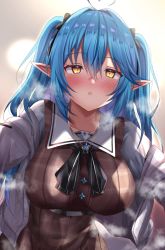 Rule 34 | 1girl, ahoge, blue hair, blush, breasts, coat, collarbone, elf, hair between eyes, hair ribbon, heart, heart-shaped pupils, heart ahoge, heavy breathing, hololive, large breasts, leaning forward, long hair, looking at viewer, official alternate costume, open clothes, open mouth, pointy ears, ribbon, shiki (catbox230123), snowflake necklace, solo, steam, symbol-shaped pupils, two side up, virtual youtuber, yellow eyes, yukihana lamy, yukihana lamy (casual)
