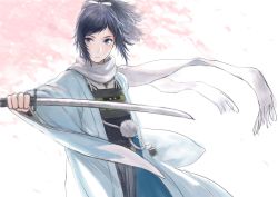 Rule 34 | 1boy, absurdres, bad id, bad twitter id, blue eyes, blue hair, cherry blossoms, closed mouth, commentary request, highres, holding, holding sword, holding weapon, japanese clothes, katana, long sleeves, looking at viewer, male focus, ponytail, romiy, sash, scabbard, scarf, sheath, solo, standing, sword, touken ranbu, unsheathed, weapon, white scarf, wide sleeves, yamato-no-kami yasusada