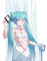Rule 34 | 1girl, absurdres, alternate costume, blue eyes, blue hair, breasts, hair ornament, hatsune miku, highres, holding, holding hair ornament, jewelry, long hair, looking at viewer, midriff, navel, necklace, rzx0, small breasts, smile, solo, twintails, unworn hair ornament, very long hair, vocaloid