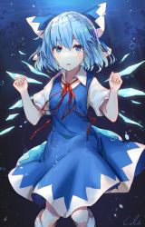 Rule 34 | 1girl, air bubble, artist name, black cola, blue bow, blue dress, blue eyes, blue hair, blush, bow, bubble, cirno, collared shirt, commentary request, dress, hair between eyes, hair bow, hands up, heart, heart-shaped pupils, highres, ice, ice wings, looking at viewer, neck ribbon, parted lips, pinafore dress, puffy short sleeves, puffy sleeves, red ribbon, ribbon, shirt, short hair, short sleeves, sleeveless, sleeveless dress, solo, symbol-shaped pupils, touhou, underwater, white shirt, wings