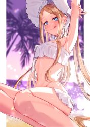 Rule 34 | 1girl, abigail williams (fate), abigail williams (swimsuit foreigner) (fate), abigail williams (swimsuit foreigner) (third ascension) (fate), akirannu, armpits, arms behind head, arms up, backlighting, bare shoulders, bikini, blonde hair, blue eyes, blush, bonnet, bow, breasts, commentary request, fate/grand order, fate (series), forehead, hair bow, highres, licking lips, long hair, looking at viewer, miniskirt, navel, palm tree, parted bangs, purple sky, sidelocks, sitting, skirt, sky, small breasts, smile, solo, swimsuit, thighs, tongue, tongue out, tree, twilight, twintails, very long hair, wariza, white bikini, white bow, white headwear