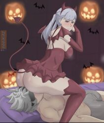 Rule 34 | 1boy, 1girl, ass, asta (black clover), black clover, blush, demon costume, demon tail, devil, dress, fake horns, fake wings, grey hair, halloween, halloween costume, horns, looking back, noelle silva, oral, purple eyes, red dress, red thighhighs, sitting, sitting on face, sitting on person, tail, text focus, thighhighs, twintails, wings, zeik999