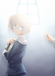 Rule 34 | 1girl, androgynous, baroque (sound horizon), blonde hair, blue eyes, book, elysion, glasses, holding, kokono coco, looking back, parted lips, short hair, solo focus, sound horizon, sunlight, very short hair, white theme, window