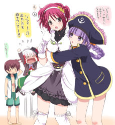 Rule 34 | &gt; &lt;, 1boy, 3girls, akina tsukako, angry, asbel lhant, barefoot, braid, breast envy, breasts, cheria barnes, cosplay, closed eyes, hat, hug, hug from behind, jumping, multicolored hair, multiple girls, official alternate costume, pascal (tales), patty fleur, patty fleur (cosplay), pirate hat, purple hair, red hair, shorts, sophie (tales), tales of (series), tales of graces, tales of vesperia, thighhighs, translated, two-tone hair