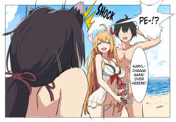 Rule 34 | 1boy, 2girls, ahoge, animal ears, black hair, blush, braid, breasts, cat ears, cat girl, censored, closed eyes, clothed female nude male, commentary, faceless, faceless male, grabbing, hair between eyes, hair ribbon, handjob, hard-translated, highres, karyl (princess connect!), large breasts, large penis, long hair, mosaic censoring, multiple girls, nude, orange hair, pecorine (princess connect!), penis, princess connect!, puriketsu03, ribbon, side braid, smile, swimsuit, testicle grab, third-party edit, translated, yuuki (princess connect!)