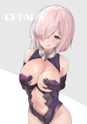 Rule 34 | 1girl, :q, absurdres, black gloves, black leotard, blush, breasts, breasts out, center opening, closed mouth, collar, covering breasts, covering nipples, covering privates, cowboy shot, elbow gloves, fate/grand order, fate (series), gloves, grey background, groin, hair over one eye, head tilt, highres, large breasts, leotard, looking at viewer, mash kyrielight, mitsudoue, pink hair, purple eyes, short hair, simple background, smile, solo, standing, tongue, tongue out, two-tone background