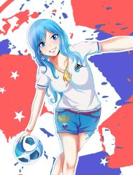 Rule 34 | 1girl, 2018 fifa world cup, ball, blue eyes, blue hair, earrings, fairy tail, highres, holding, jewelry, juvia lockser, long hair, necklace, russia, shirt, smile, soccer, soccer uniform, solo, sportswear, trousers, white shirt, world cup