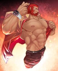 Rule 34 | 1boy, abs, bara, beard, belt, collared shirt, facial hair, fate/zero, fate (series), feet out of frame, highres, iskandar (fate), kalonezhno, large pectorals, looking at viewer, male focus, manly, mature male, muscular, muscular male, nipples, open clothes, open shirt, pants, pectorals, red background, red eyes, red hair, shirt, simple background, smirk, solo, spiked hair, thick eyebrows, watch, wristwatch