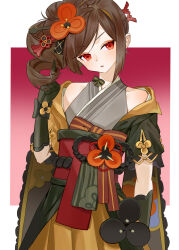 Rule 34 | 1girl, asymmetrical sidelocks, border, brown hair, cape, chiori (genshin impact), clothing cutout, commentary, drill hair, flower, genshin impact, gradient background, grey kimono, hair flower, hair ornament, highres, japanese clothes, kimono, looking to the side, obi, orange flower, parted lips, red background, red eyes, sash, shoulder cutout, side ponytail, sidelocks, single drill, skirt, solo, upper body, yellow cape, yellow skirt, yufei lin