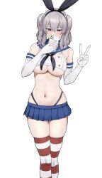 Rule 34 | 1girl, black hairband, black neckerchief, black panties, blue eyes, blue sailor collar, blush, breasts, commentary request, cosplay, covered mouth, crop top, elbow gloves, gloves, grey hair, hairband, highleg, highleg panties, highres, holding, holding phone, kantai collection, kashima (kancolle), large breasts, long hair, miniskirt, navel, neckerchief, panties, phone, sailor collar, school uniform, selfie, serafuku, shimakaze (kancolle), shimakaze (kancolle) (cosplay), shirt, skirt, solo, striped clothes, striped thighhighs, sweat, takaman (gaffe), thighhighs, twintails, underboob, underwear, v, white background, white gloves, white shirt