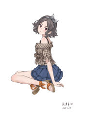 Rule 34 | 1girl, absurdres, blue skirt, bow hairband, brown shirt, chinese commentary, closed mouth, commentary request, dated, ebizuka tomo, frilled skirt, frills, frown, full body, girls band cry, grey hair, hairband, highres, hui meng ben xin, looking at viewer, medium hair, off-shoulder shirt, off shoulder, red eyes, sandals, shirt, short sleeves, simple background, skirt, solo, toes, translation request, white background, white hairband
