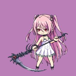 Rule 34 | 1girl, animated, animated gif, bare legs, bare shoulders, breasts, chibi, cleavage, collaboration, dress, felicia (taimanin kurenai), fighting stance, holding, holding weapon, lilith-soft, long hair, looking to the side, lowres, mist train girls, official art, pink hair, ponytail, red eyes, scythe, skirt, small breasts, solo, taimanin (series), taimanin kurenai, transparent background, twintails, very long hair, weapon, white dress, wide hips
