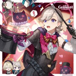 Rule 34 | 1girl, 2boys, ?, ^ ^, absurdres, animal ear fluff, animal ears, black capelet, black gloves, black headwear, blonde hair, bow, bowtie, box, brother and sister, candle, capelet, cat ears, chibi, closed eyes, commentary, detached sleeves, facial mark, freminet (genshin impact), genshin impact, gift, gift box, gloves, grey hair, hat, highres, holding, holding clothes, holding hat, holding wand, lynette (genshin impact), lyney (genshin impact), multiple boys, official art, open mouth, pers (genshin impact), pink bow, pink bowtie, purple eyes, rosseland (genshin impact), shirt, siblings, single bare shoulder, spoken question mark, top hat, unworn hat, unworn headwear, upper body, wand, white shirt