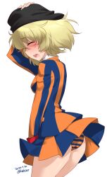 Rule 34 | 1girl, ass, blonde hair, blush, breasts, chuuritsu school uniform, closed eyes, dated, embarrassed, girls und panzer, hat, highres, kuzuryuu kennosuke, medium breasts, microskirt, open mouth, panties, pantyshot, pleated skirt, school uniform, senju (girls und panzer), short hair, signature, simple background, skirt, solo, striped clothes, striped panties, teeth, underwear, upper teeth only, white background