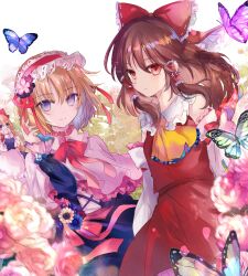 Rule 34 | 2girls, absurdres, alice margatroid, animal, ascot, bare shoulders, blonde hair, blue dress, blue eyes, bow, brown hair, bug, butterfly, capelet, commission, detached sleeves, dress, flower, hair bow, hair tubes, hairband, hakurei reimu, highres, insect, japanese clothes, kazu (muchuukai), lolita hairband, long hair, multiple girls, nontraditional miko, pink flower, red bow, red eyes, red hairband, shanghai doll, short hair, sidelocks, skeb commission, touhou, white capelet, white sleeves, wide sleeves, yellow ascot