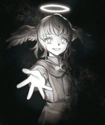 Rule 34 | 1girl, black background, brooch, capelet, evil grin, evil smile, feathered wings, final fantasy, final fantasy xiv, grin, halo, head wings, highres, jewelry, looking at viewer, meteion, no pupils, outstretched arm, outstretched hand, reaching, reaching towards viewer, sepia, short hair, smile, solo, spoilers, square enix, standing, upper body, wings, wuliu heihuo