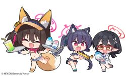 Rule 34 | animal ear fluff, animal ears, ayane (blue archive), ayane (swimsuit) (blue archive), bikini, black bikini, black hair, blue archive, blush, breasts, brown hair, cat ears, chibi, cleavage, closed eyes, cup, denim, denim shorts, disposable cup, fang, food, fox ears, fox girl, fox tail, glasses, hair between eyes, hair ribbon, halo, hat, holding, izuna (blue archive), izuna (swimsuit) (blue archive), jacket, long hair, multiple girls, nemoga, official art, open mouth, pink scarf, pointy ears, red-framed eyewear, red eyes, ribbon, scarf, serika (blue archive), serika (swimsuit) (blue archive), shaved ice, short hair, shorts, simple background, skin fang, small breasts, striped bikini, striped clothes, swimsuit, tail, takoyaki, tray, twintails, visor cap, white background, white jacket
