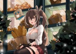 Rule 34 | 1girl, ahoge, baguette, bakery, basket, black thighhighs, blurry, blurry foreground, blush, boros (ouro kronii), bread, bread slice, breasts, brown corset, brown eyes, brown hair, bush, cleavage, cleavage cutout, clothing cutout, corset, croissant, feather hair ornament, feathers, food, food in mouth, friend (nanashi mumei), gloves, hair ornament, hairclip, highres, higure15214341, hololive, hololive english, long hair, looking at viewer, medium breasts, melon bread, mouth hold, multicolored hair, nanashi mumei, open mouth, partially fingerless gloves, pleated skirt, ponytail, red skirt, shirt, shop, skirt, streaked hair, thigh strap, thighhighs, toast, toast in mouth, very long hair, virtual youtuber, white shirt