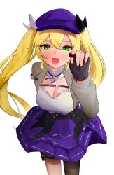 Rule 34 | 1girl, absurdres, black gloves, blonde hair, blue hat, blush, breasts, chocolate, cleavage, dokibird (vtuber), fingerless gloves, gloves, goyuen, green eyes, hat, highres, indie virtual youtuber, large breasts, long hair, looking at viewer, open mouth, simple background, skirt, solo, twintails, virtual youtuber, white background