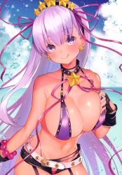 Rule 34 | 1girl, absurdres, bare shoulders, bb (fate), bb (fate) (all), bb (swimsuit mooncancer) (fate), bb (swimsuit mooncancer) (second ascension) (fate), bead bracelet, beads, belt, bikini, black garter belt, black gloves, black shorts, blue sky, blush, bracelet, breasts, cleavage, closed mouth, collarbone, dark-skinned female, dark skin, day, earrings, fate/grand order, fate (series), fingerless gloves, garter belt, gloves, gyaru, hair ornament, hair ribbon, hairband, hand on own chest, highres, jewelry, large breasts, licking lips, long hair, looking at viewer, loose belt, micro shorts, navel, neck ribbon, ocean, purple bikini, purple eyes, purple hair, purple ribbon, ribbon, shorts, sky, smile, solo, star (symbol), star earrings, star hair ornament, studded garter belt, suzuho hotaru, swimsuit, tan, tongue, tongue out, very long hair, water drop, white belt