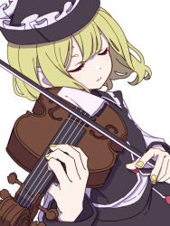 Rule 34 | 1girl, absurdres, black hat, black skirt, black vest, blonde hair, closed mouth, fingernails, hat, highres, holding, holding instrument, holding violin, instrument, kame (kamepan44231), long sleeves, lunasa prismriver, music, nail polish, one-hour drawing challenge, playing instrument, short hair, simple background, skirt, solo, touhou, upper body, vest, violin, white background, yellow nails